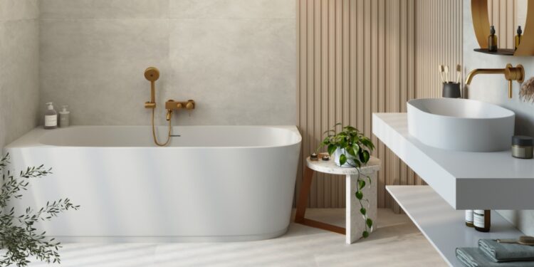 Baignoire d'angle blanche semi-îlot Bay de Quare Design.