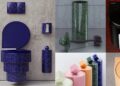 La cuvette WC Callipyge de Trone en bleu marine, entourée des accessoires en céramique de la marque