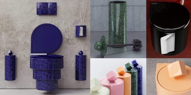 La cuvette WC Callipyge de Trone en bleu marine, entourée des accessoires en céramique de la marque
