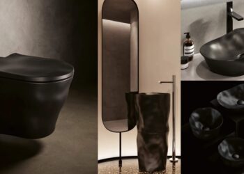 Le WC et les vasques bosselés de la série Magmma de Sanindusa, en noir.