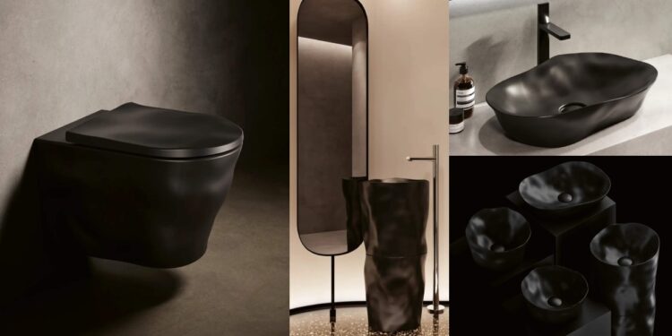 Le WC et les vasques bosselés de la série Magmma de Sanindusa, en noir.