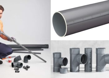 Un installateur présente les tubes et raccords PVC+ de Wavin