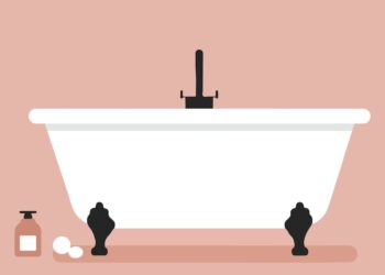 dessin d'une baignoire blanche sur pieds noirs et fond rose.