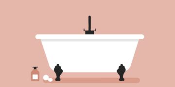 dessin d'une baignoire blanche sur pieds noirs et fond rose.