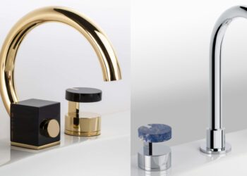 Les mélangeurs Fusion de Serdanili et leurs manettes composées de deux palets disjoints, en pierre et métal.