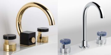 Les mélangeurs Fusion de Serdanili et leurs manettes composées de deux palets disjoints, en pierre et métal.