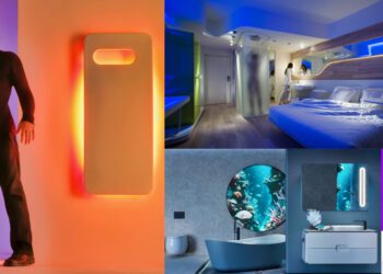 Simone Micheli devant son radiateur sèche-serviettes Cordivari, et plusieurs objets qu'il a dessinés…