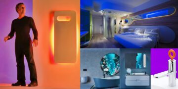 Simone Micheli devant son radiateur sèche-serviettes Cordivari, et plusieurs objets qu'il a dessinés…