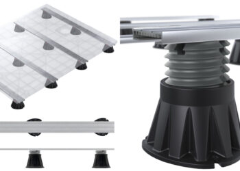 Le Stabilirail de Lazer, rail doté de trois pieds, permettant de stabiliser les receveurs de douche