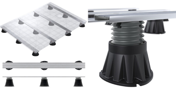 Le Stabilirail de Lazer, rail doté de trois pieds, permettant de stabiliser les receveurs de douche