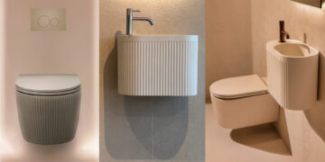 Le WC Detremmerie et ses reliefs verticaux, repris sur le lave-mains.