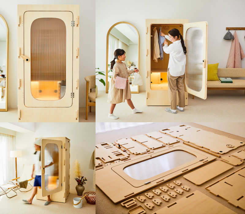 Le mini sauna Toy en bois, qui permet aussi de sécher le linge.