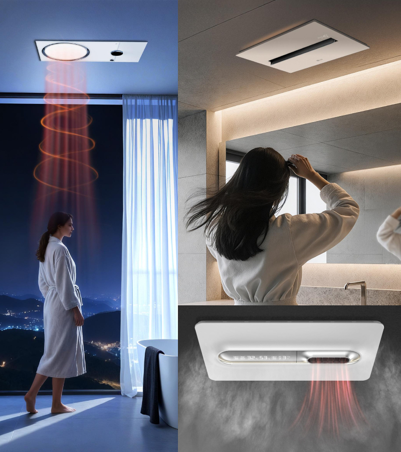 Différents systèmes de ventilation, filtration, séchage de l'air installés au plafond de la salle de bains.