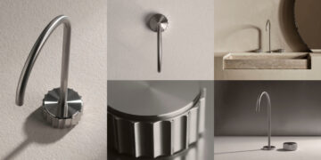 Plusieurs modèles de robinets Nihil de Fima, en acier inox brut.