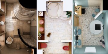 Plans d'implantation des trois projets primés à la 3D Cup Agenceur du Bain 2026