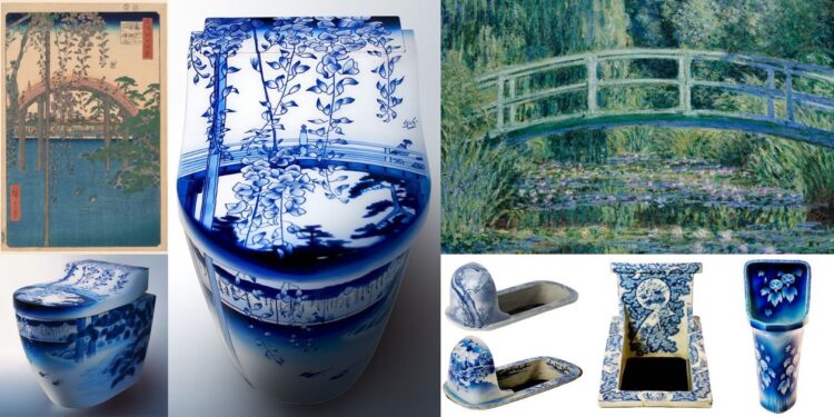 Différentes illustrations du setchin (toilettes) japonais : WC décorés, estampes…