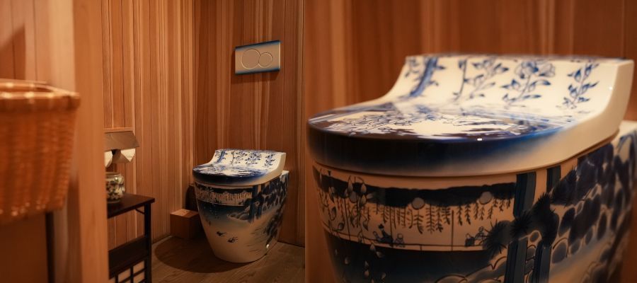 Les toilettes du restaurant Chakaiseki-Akiyoshi à Paris, décorées par Artelotta.