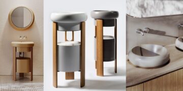 Les vasques Talea d'Hatria dans leurs différentes versions (posées sur un plan ou sur un piétement en bois, façon lavabo totem).