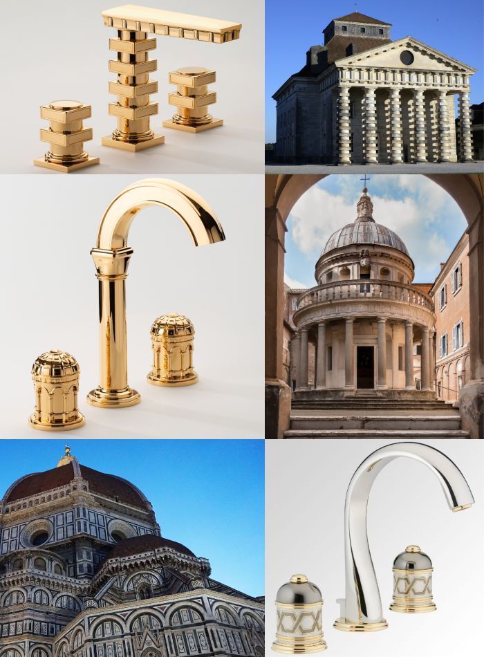 Exemples de bâtiments (Saline royale d’Arc-et-Senans et Tempietto de San Pietro in Montorio) et les robinetteries qui s'en inspirent.