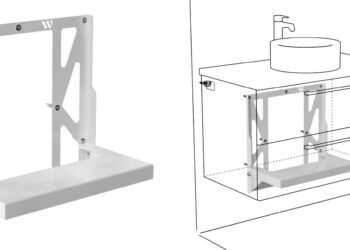 Photo et schéma du châssis Mobifix de Watts, renforçant la fixation des meubles de salle de bain suspendus