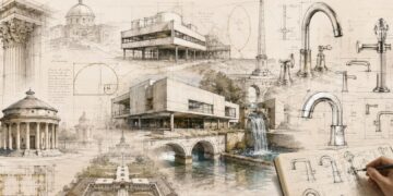 illustrations créées par ChatGPT faisant le parallèle entre l'architecture et la robinetterie de salle de bains.
