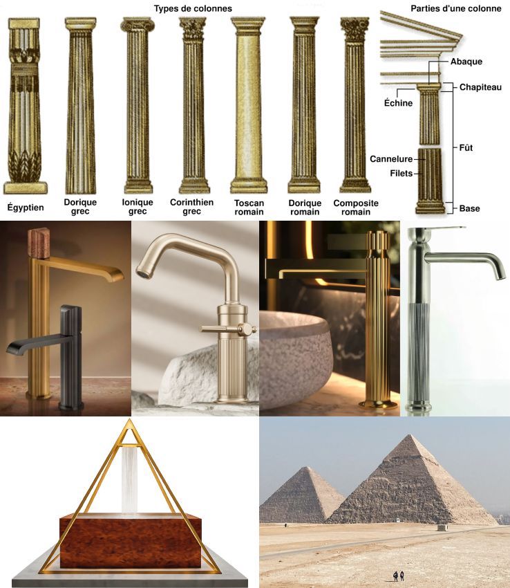 Exemples d'architecture antique (colonnes, pyramides) et les robinetteries de salle de bains qui s'en inspirent