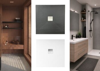 Salles de bains avec les receveurs de douche Arkae et Avela de Carea, noir et blanc.