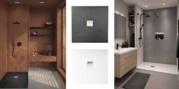 Salles de bains avec les receveurs de douche Arkae et Avela de Carea, noir et blanc.