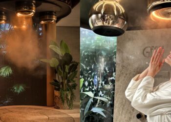 Le Rituale del Vapore, concept de douche de tête de Gessi, exhalant un nuage de vapeur.