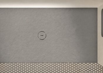 Vue de dessus du receveur de douche Orbit Slate de Acquabella, en gris.