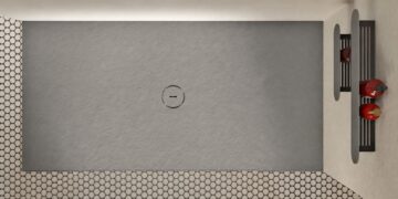 Vue de dessus du receveur de douche Orbit Slate de Acquabella, en gris.