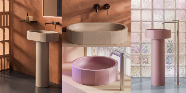 Les vasques Ledo d'Alice Ceramica facettées, en rose et beige, posées sur plan ou sur pied.