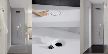 Le receveur de douche CleanFloor30 de Geberit en blanc, gris et noir.