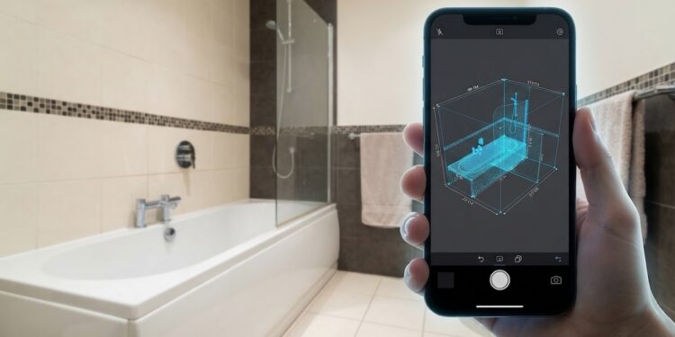 Main tenant un smartphone qui scanne une salle de bains pour en relever les cotes.