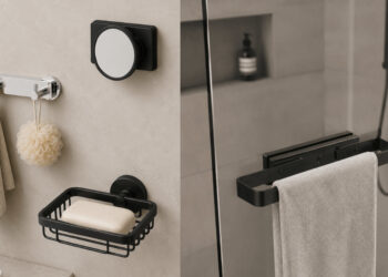 Les accessoires de salle de bains muraux Magnet de Roth, à aimanter sur les panneaux Vipanel.